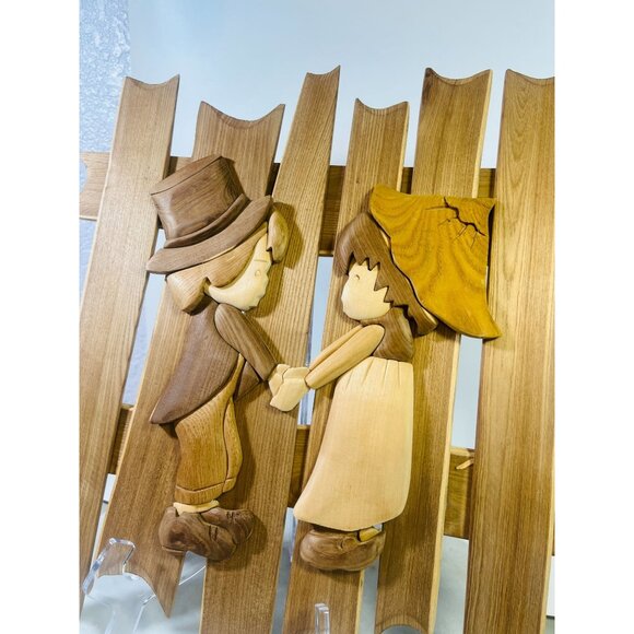 Intarsia Hand crafted 3D Wooden Wall Art Of Boy & Girl Holding Hands Kids Decor - Picture 2 of 5